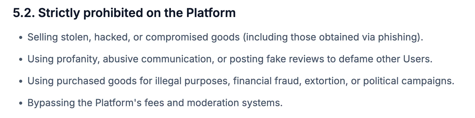 Section 5.2 of the StockRush terms: what is strictly prohibited on the platform